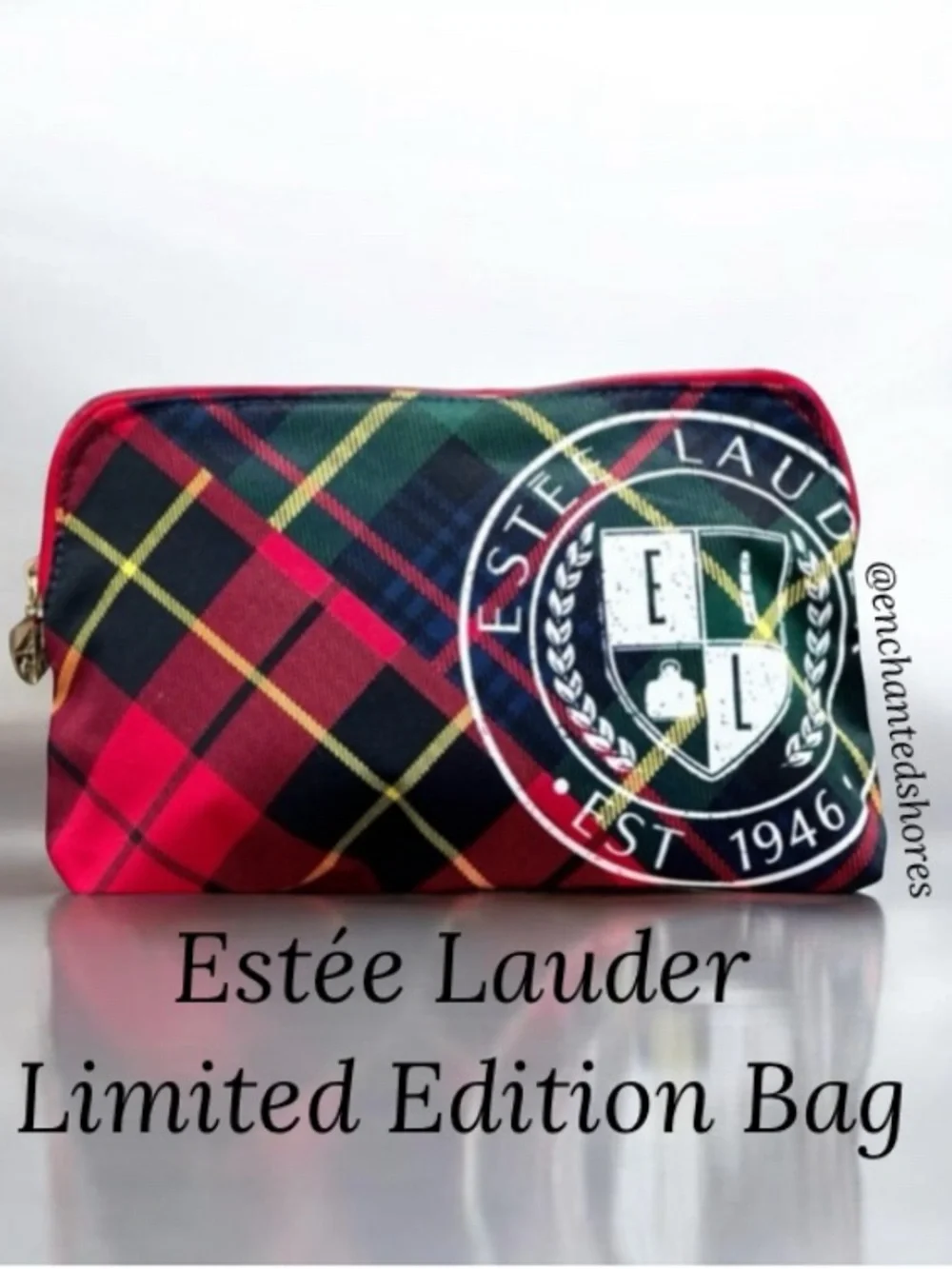 Estée Lauder Cosmetic Bag Limited Edition Tartan Plaid Luxe 1946 Crest Red Black